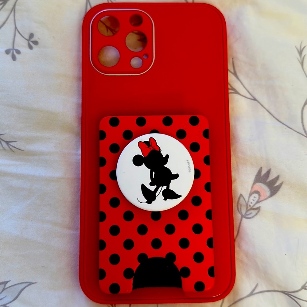 iPhone 12 Pro Max cell phone case with Minnie Mouse Popsockets Wallet.